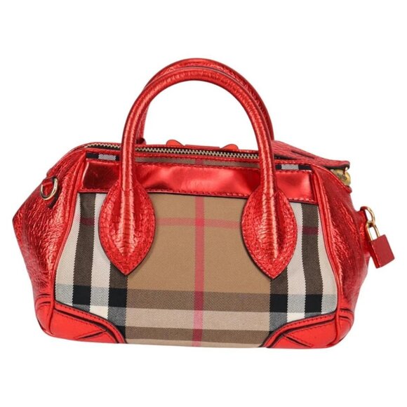 BURBERRY Nova Check Hand Bag Canvas Leather 2way Red Gold Auth - Picture 3 of 16